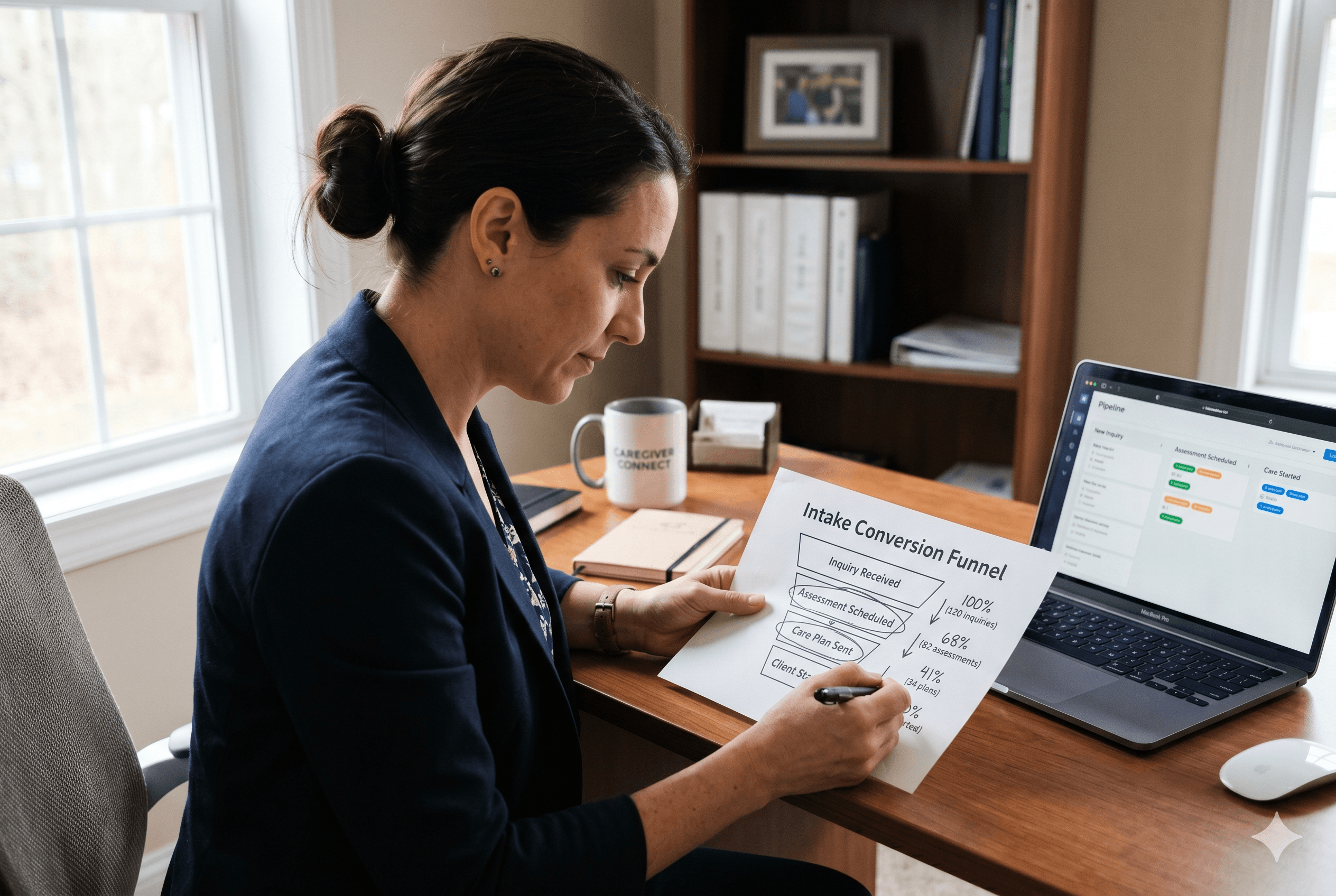 An agency owner sitting at a desk reviewing a printed "Intake Conversion Funnel" chart with handwritten conversion rates, with an open laptop displaying a pipeline dashboard beside her.