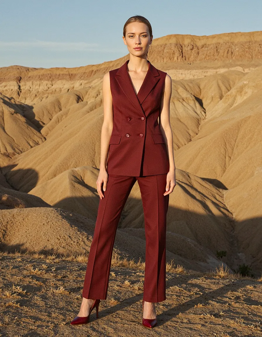 Burgundy sleeveless power suit with matching pants and heels photographed against golden desert hills under clear blue sky
