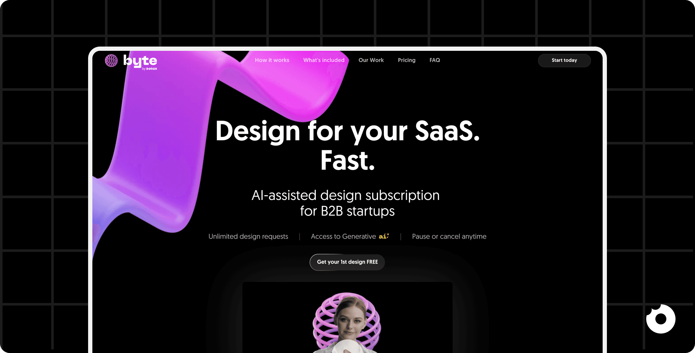 Byte homepage with headline ‘Design for your SaaS. Fast.’ showcasing AI-assisted design subscription for B2B startups