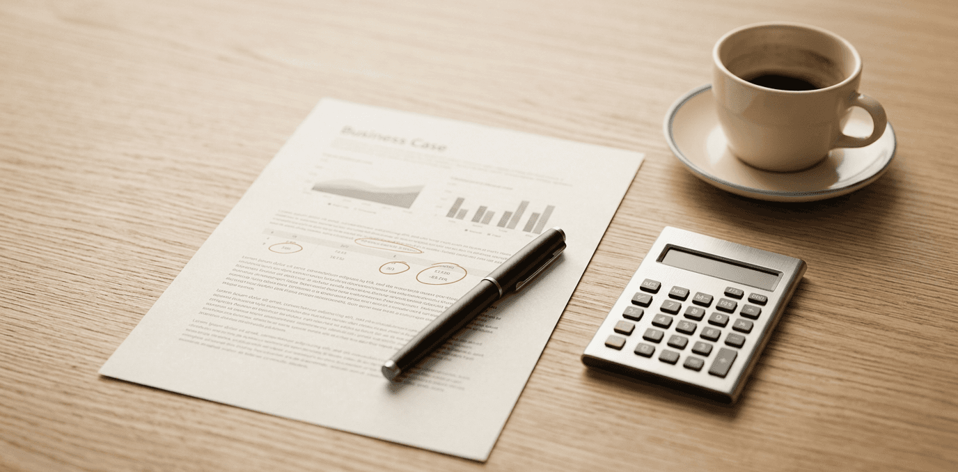 Business case document with calculator, pen, and coffee on a wooden desk