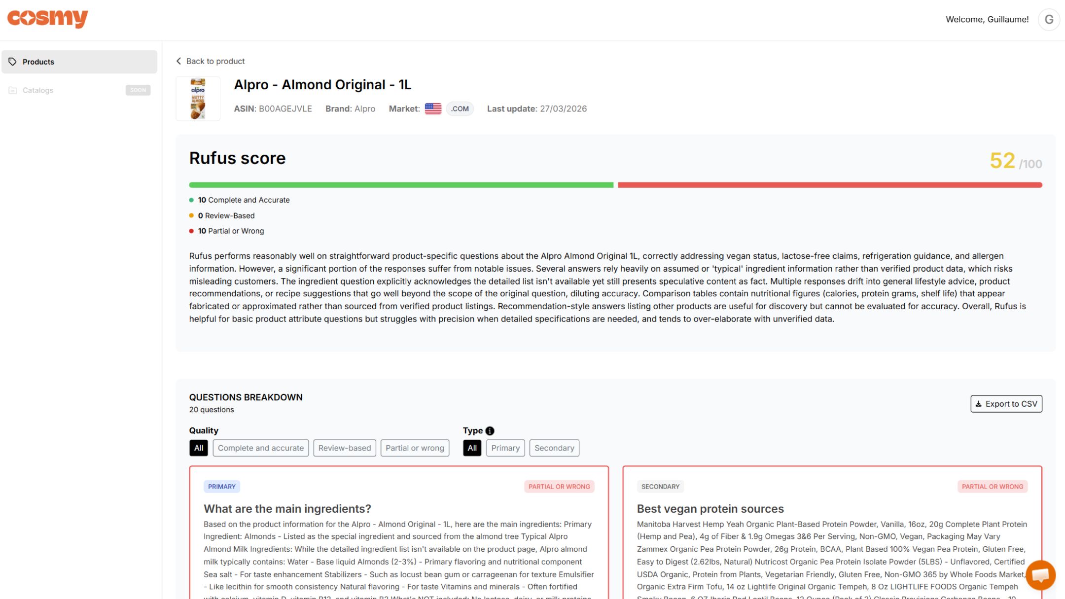 Cosmy dashboard optimizing an eCommerce Amazon product with Rufus