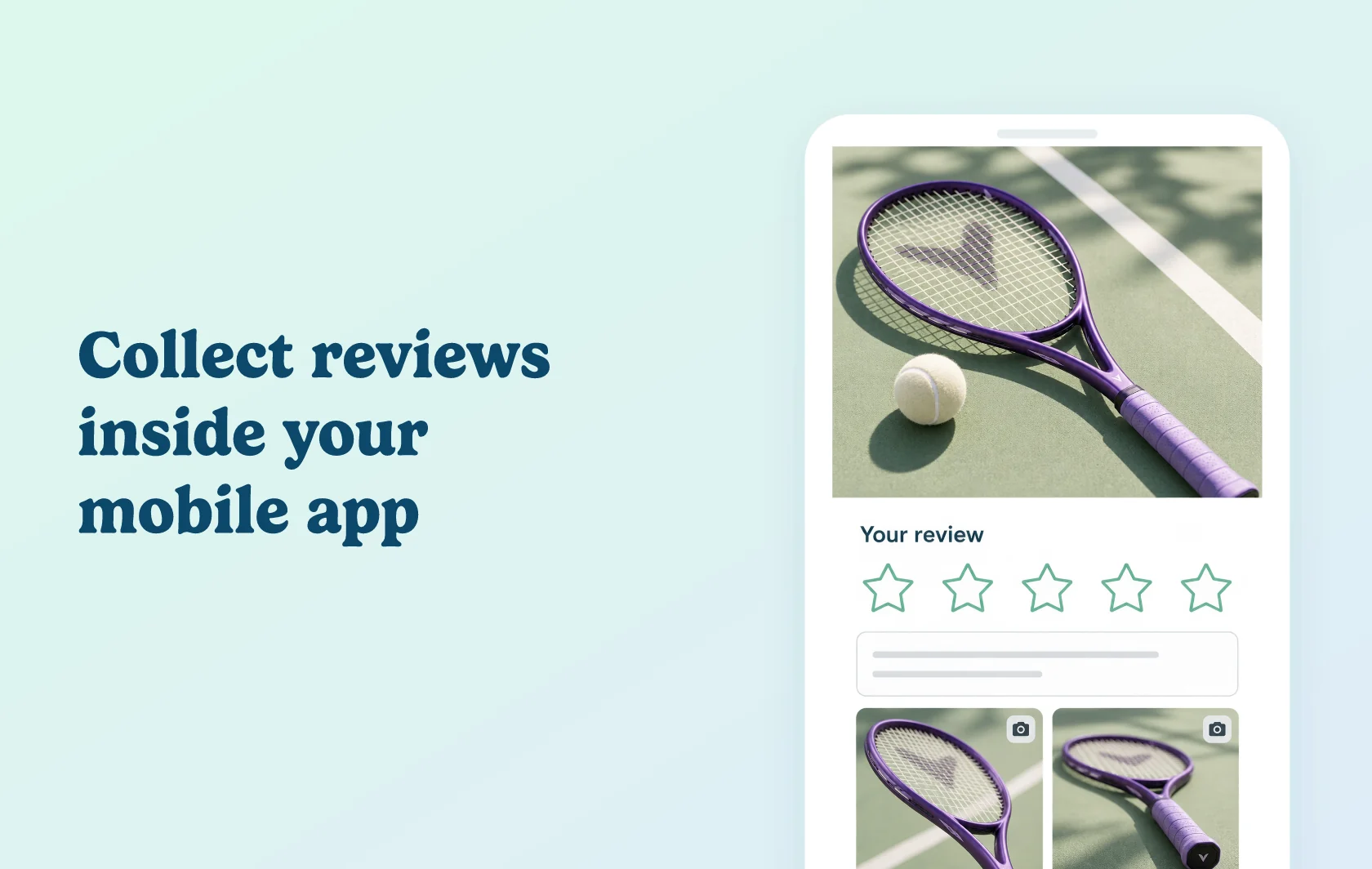 Judge.me and Superfans integration: illustration of a mobile review form with a tennis racket, rating input and two attached product photos.