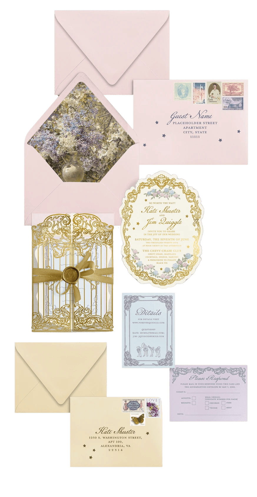 Versailles inspired wedding invitation suite.