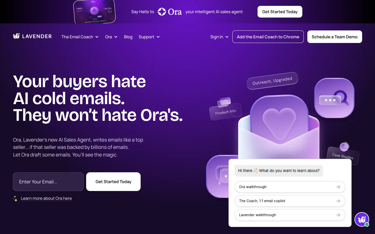 Lavender homepage, AI sales email coaching assistant
