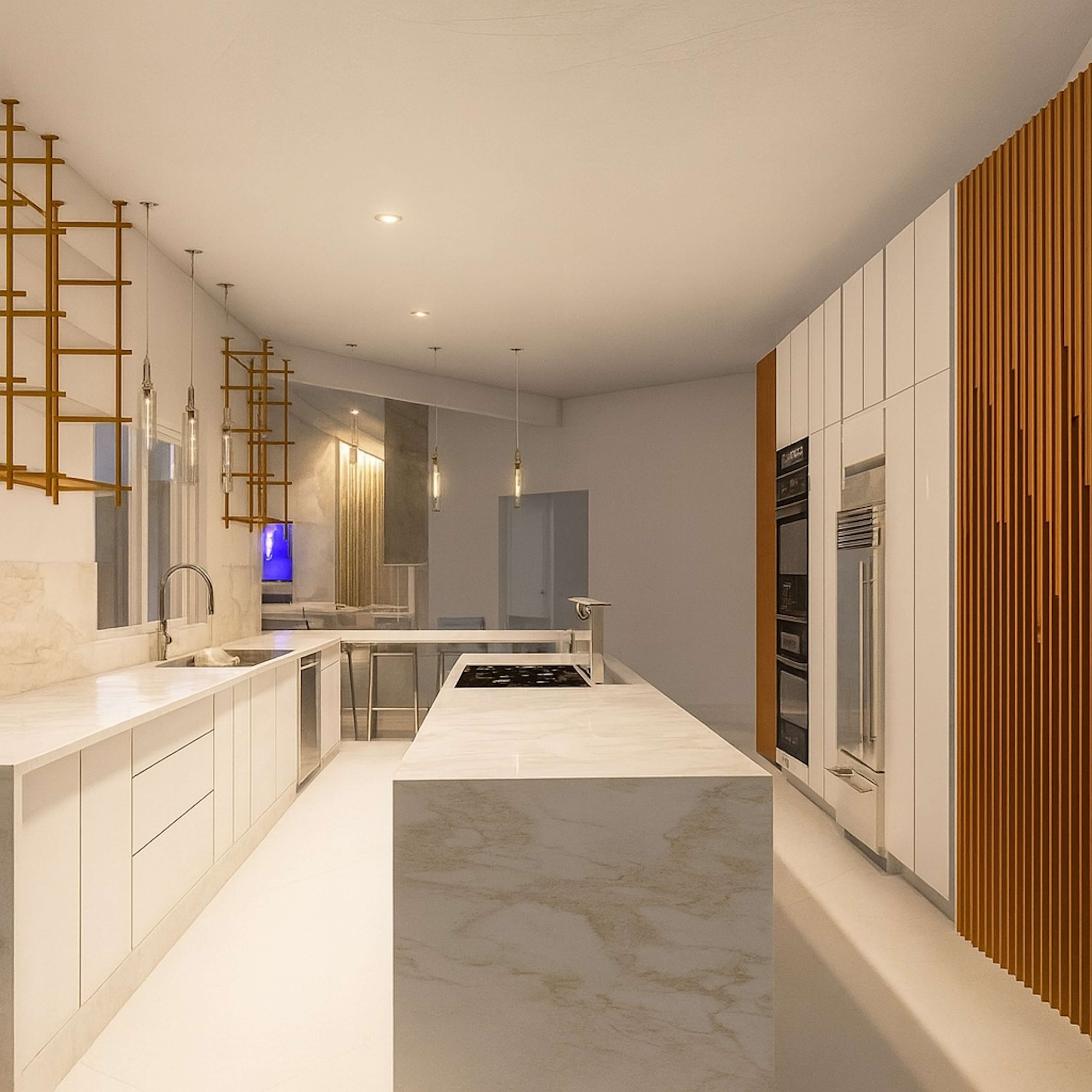 Luxury kitchen design with marble surfaces, gold shelving, and built-in appliances showcasing a modern open concept kitchen layout.