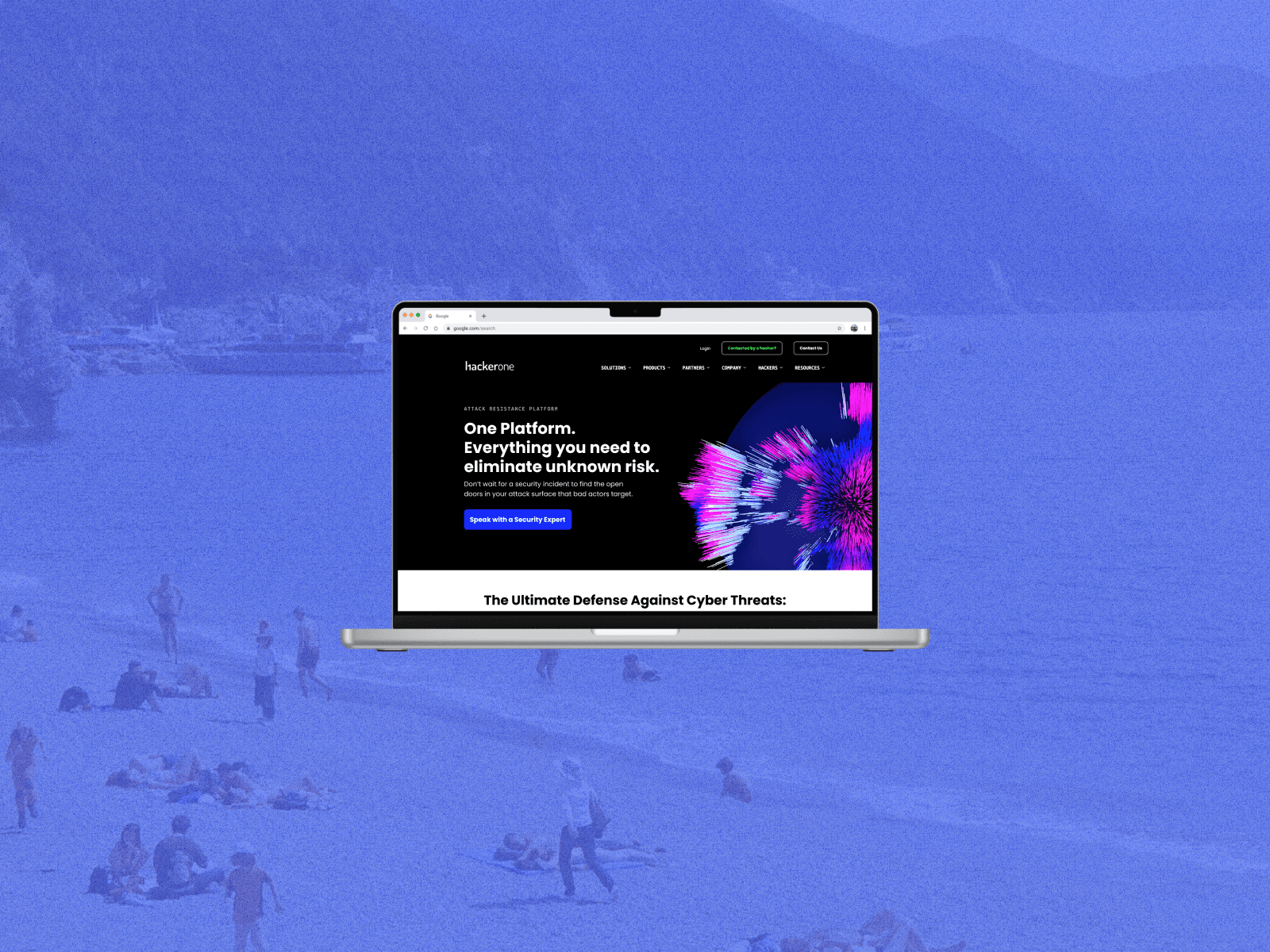 a laptop open to hackerone's product page on an abstract blue background