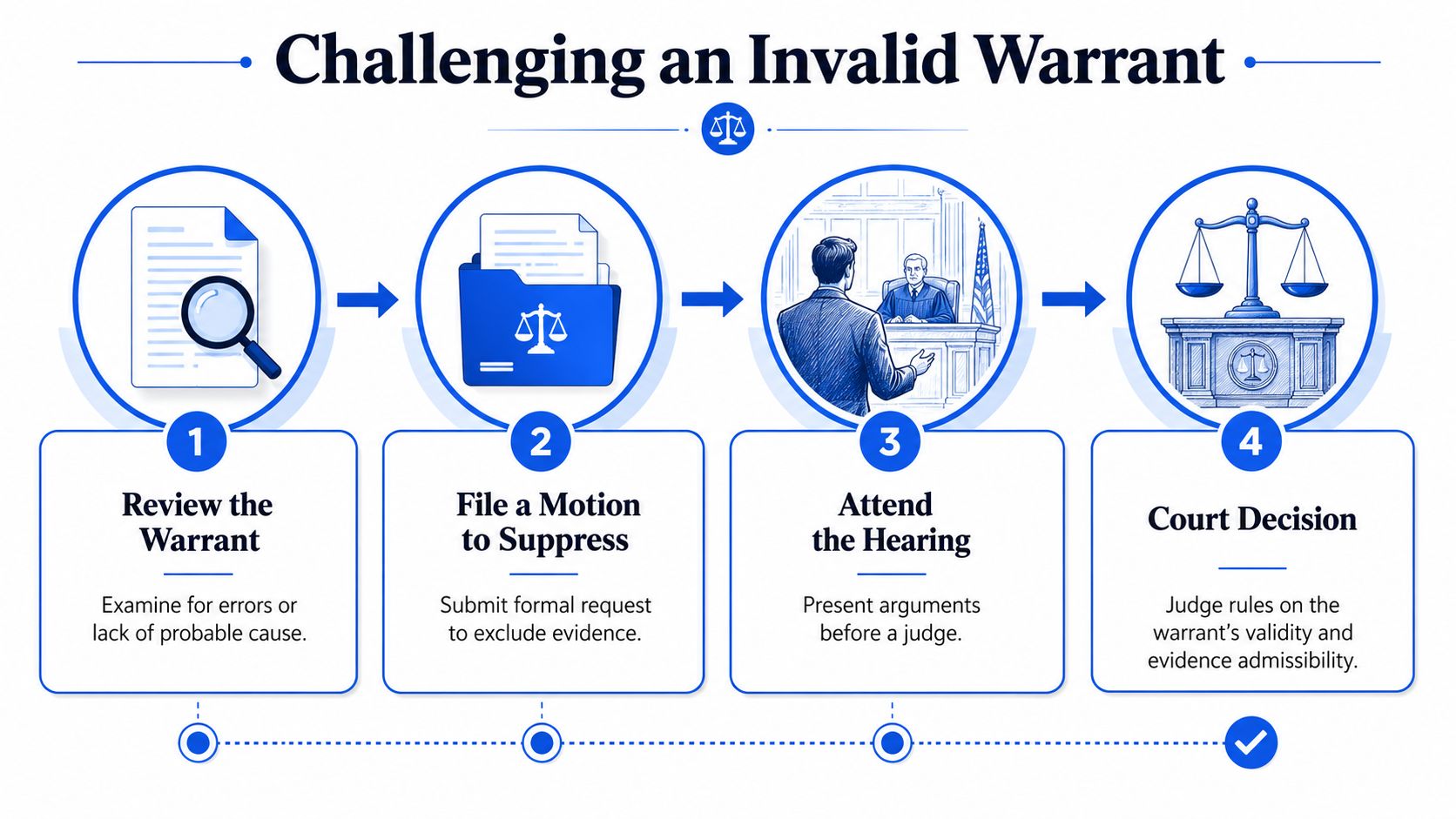 An infographic showing the four-step process for challenging an invalid legal warrant in court.