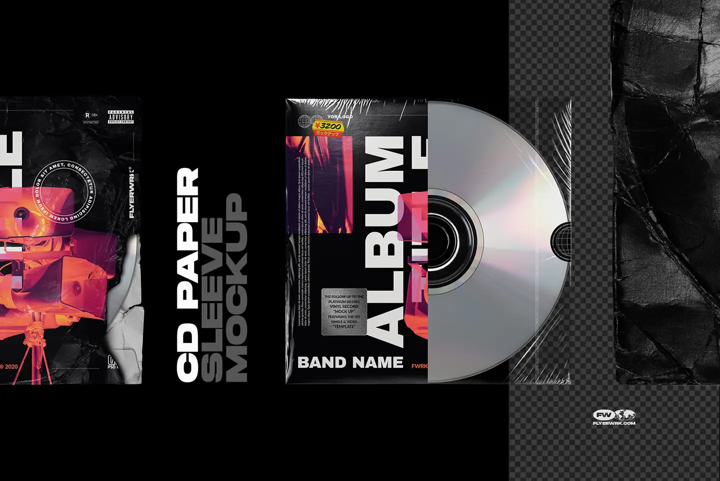CD sleeve mockup with album cover design and partially visible compact disc