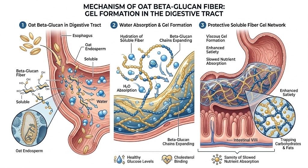 A scientific infographic detailing the mechanism of oat beta-glucan fiber in the digestive tract. The modern medical illustration demonstrates how beta-glucan molecules absorb water, swell, and form a protective viscous soluble fiber gel network in the stomach and small intestine, slowing down nutrient absorption.