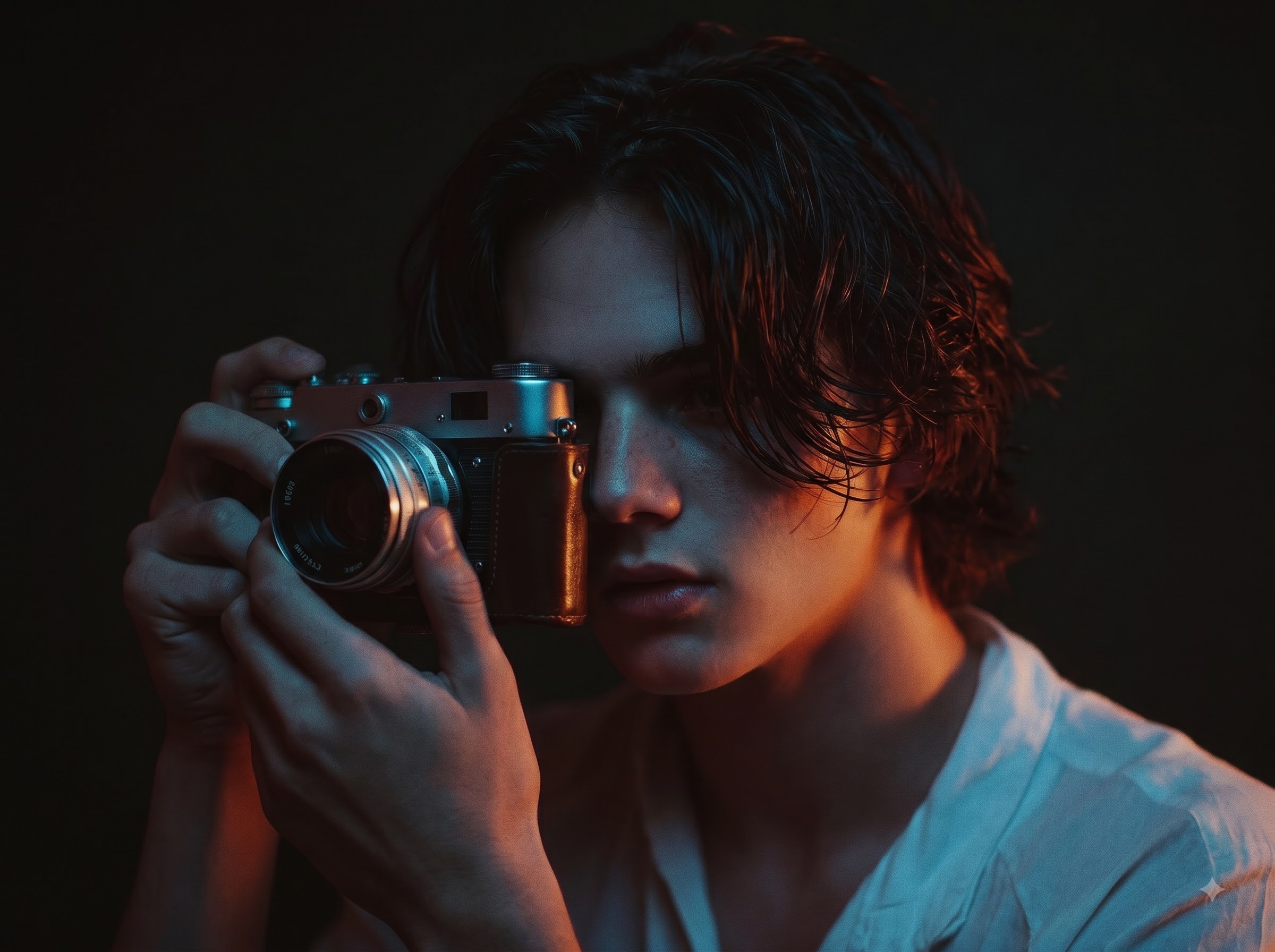 Somber young man in a white shirt resting his head on his hand, lit by dramatic blue and orange split lighting.