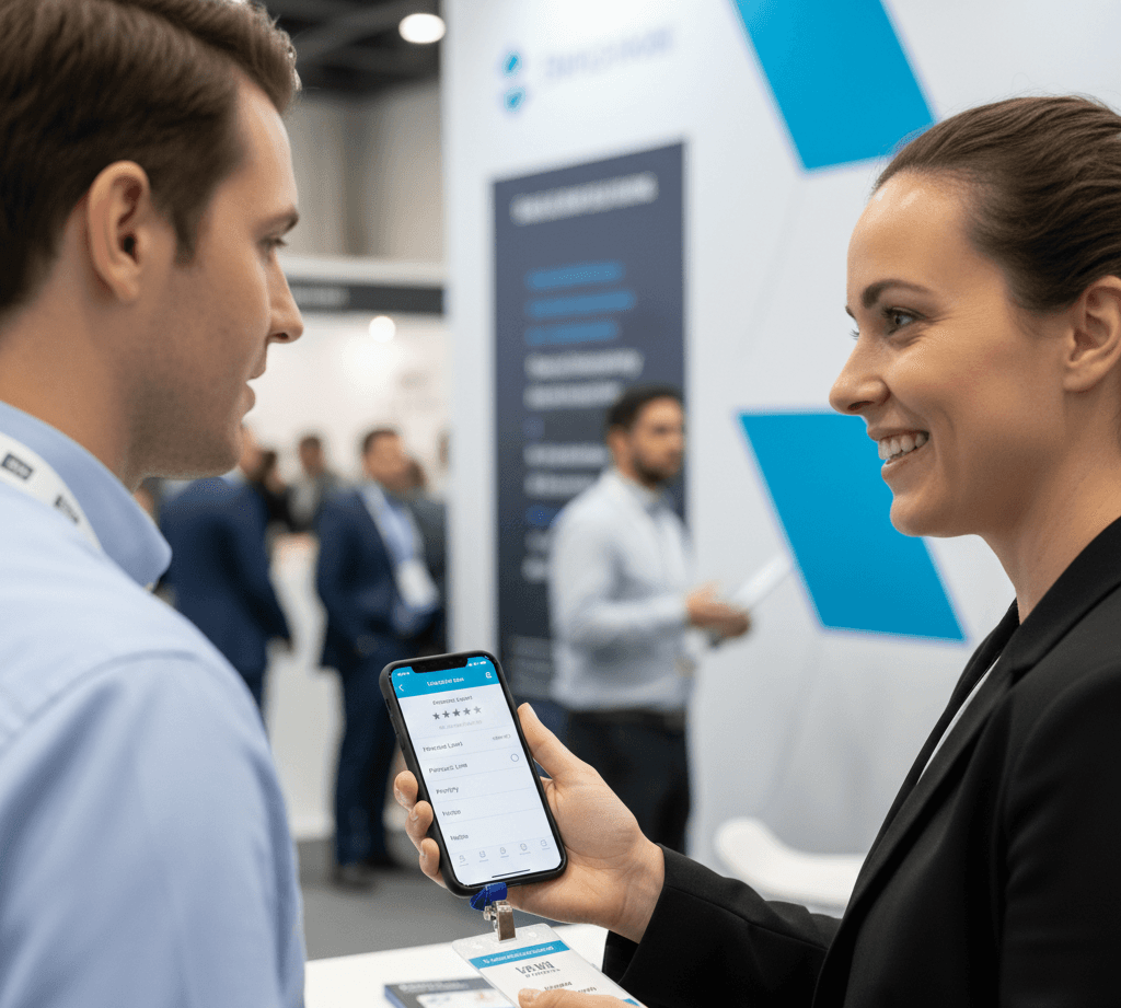 Sales representative using Habsy lead capture app on smartphone to scan badge, add notes, set reminders, and qualify trade show leads in real time.