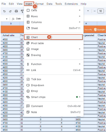 Select the data you want to visualize, then go to `Insert > Chart`.