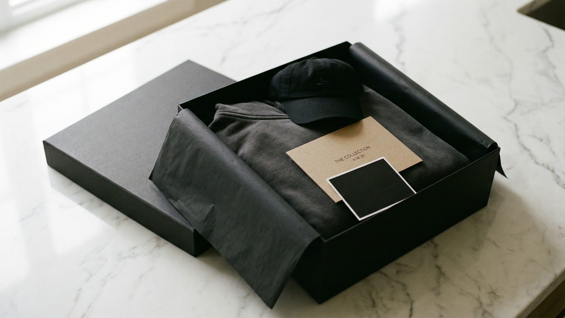 Empty Aeron chairs along a long wooden desk, each with a neatly folded premium charcoal hoodie placed on the seat, a glowing city skyline visible through floor-to-ceiling windows at dusk.