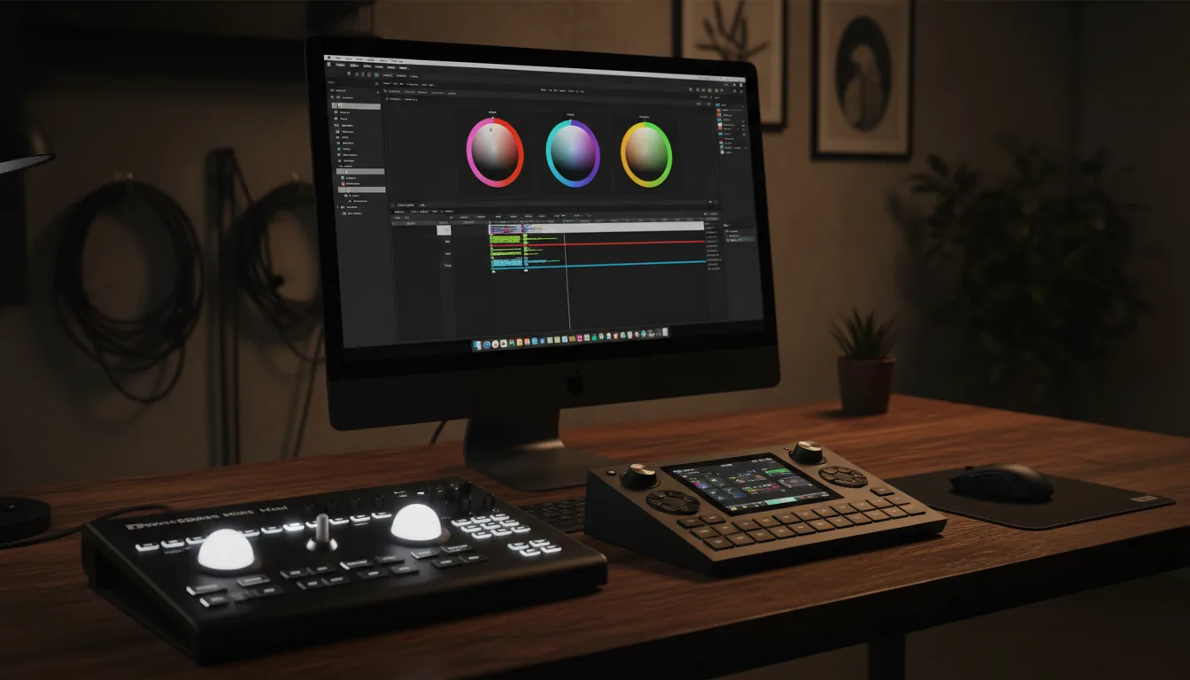 DSLR photograph of a professional color grading workstation with cinematic contrast lighting. On a dark wood desk sits a black Apple iMac displaying a dark mode video editing UI with vibrant, glowing color wheels. In sharp focus in the foreground are several matte black hardware peripherals: a Blackmagic Design color grading panel with a large trackball, a Loupedeck editing console with multiple dials, and an ergonomic mouse on a black leather mousepad. The atmosphere is moody and focused, with a shallow depth of field.