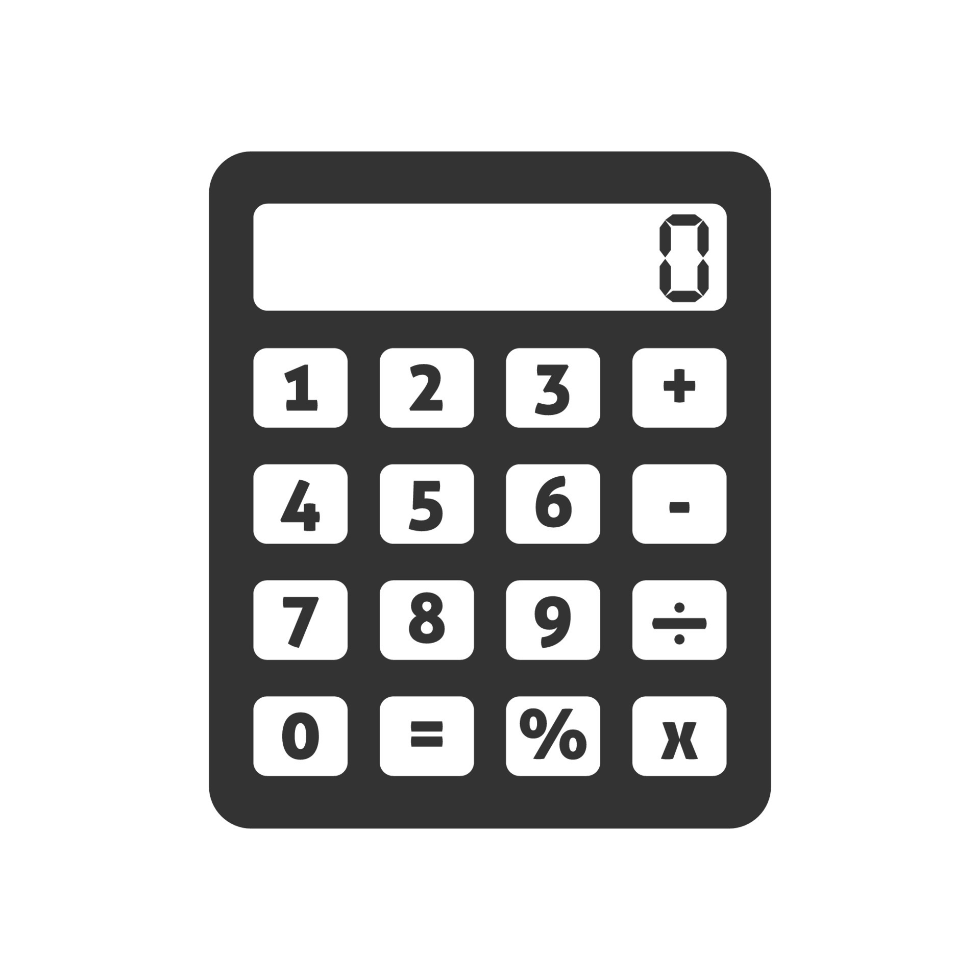 A simple calculator icon with a number display showing zero. The calculator is gray with white buttons. The number buttons are from zero to nine, along with plus, minus, divide, multiply, equals, and percent signs.