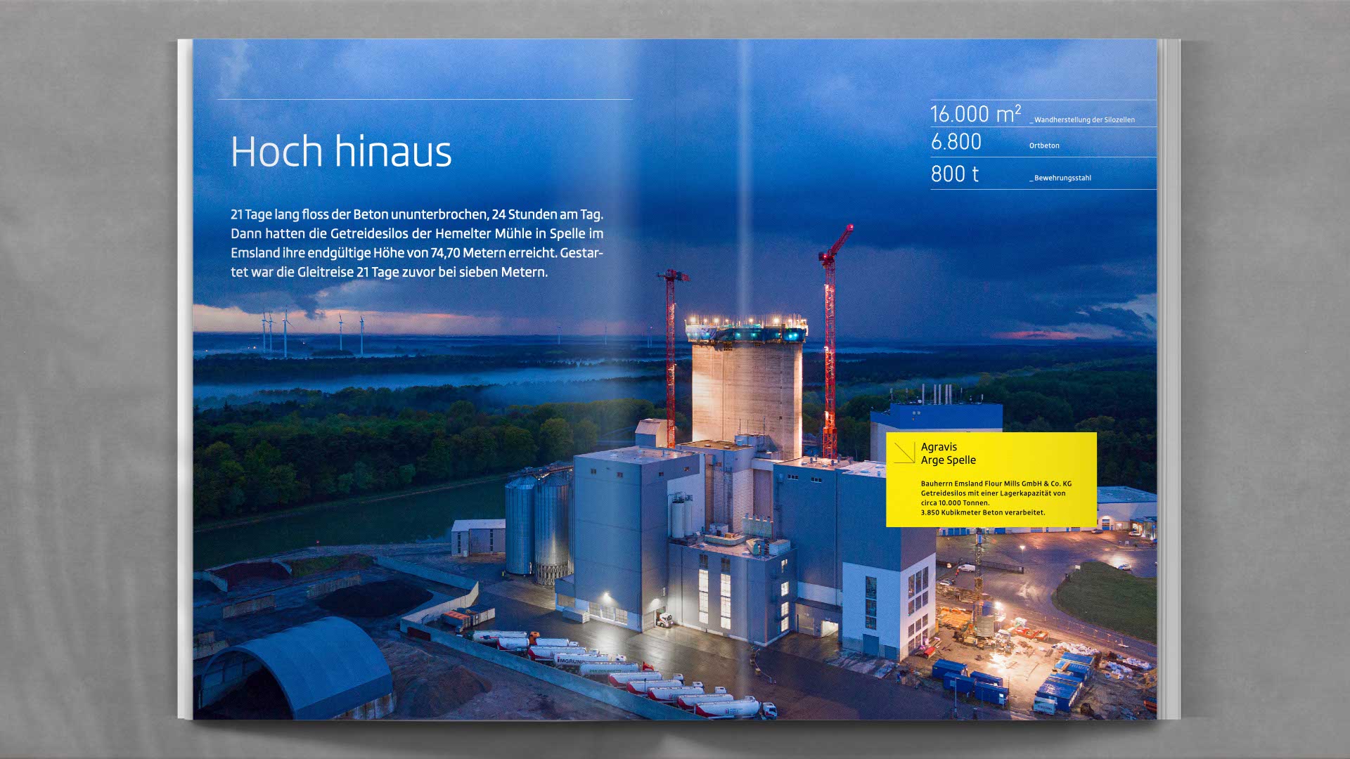 Doppelseite mit Projektbericht aus dem Bereich Ingenieurbau – übersichtlich strukturiert, mit Bild-Text-Komposition und pointierter Farbführung.