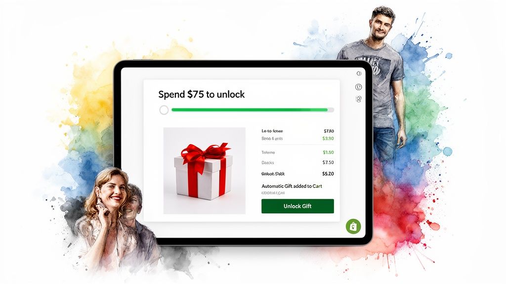 A tablet displays an e-commerce page with a gift box and 'Spend $75 to unlock' offer, surrounded by watercolor illustrations of smiling people.