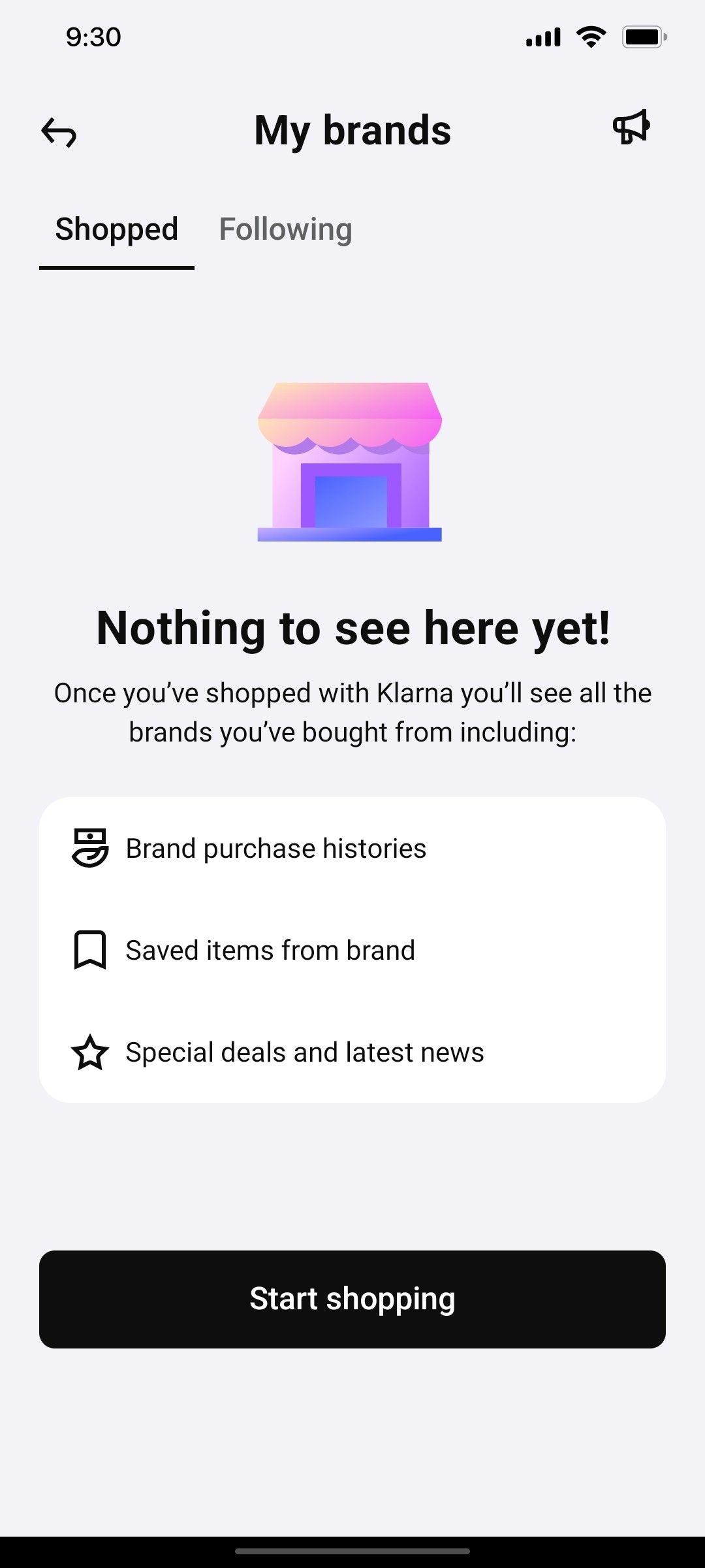 Klarna My Brand Page Screen