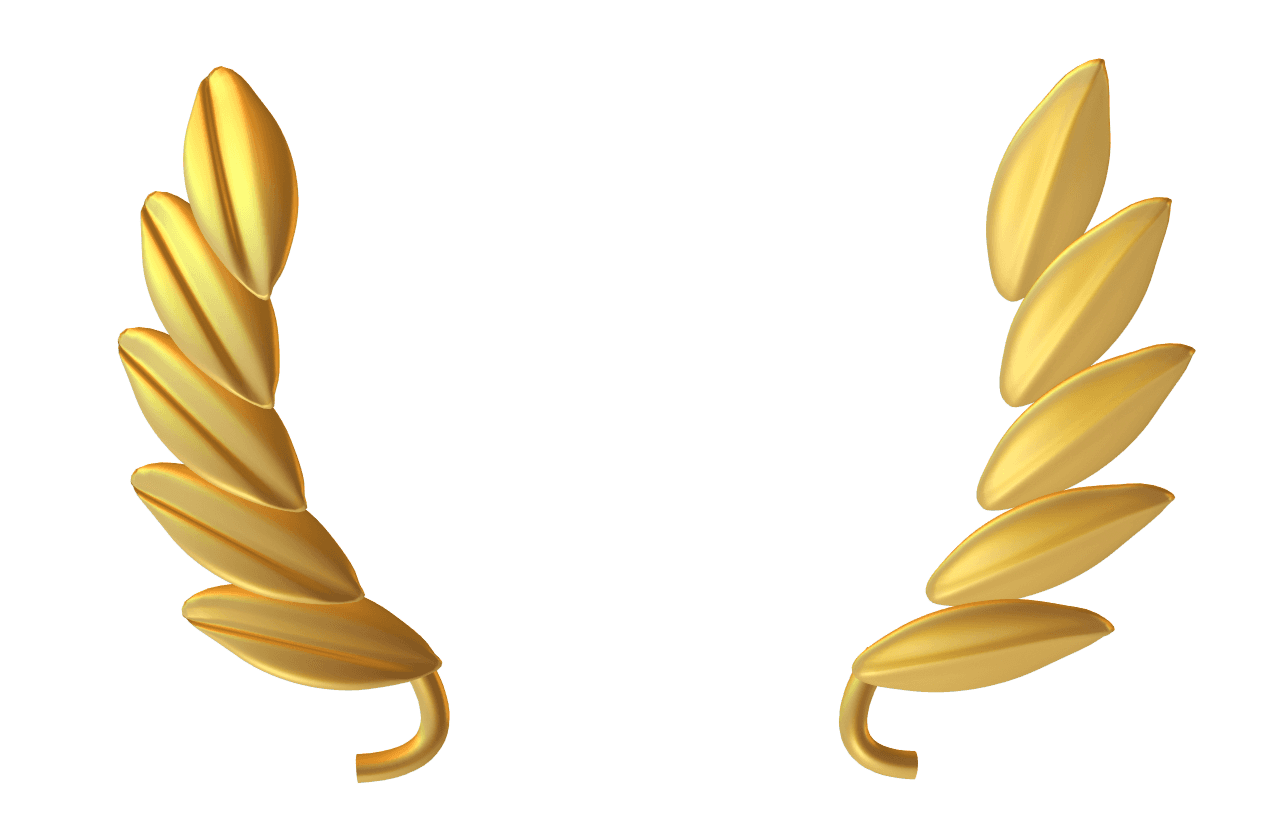 Golden laurel wreath with two curved branches, each adorned with leaves, on a white background. Symbolizes victory and achievement.