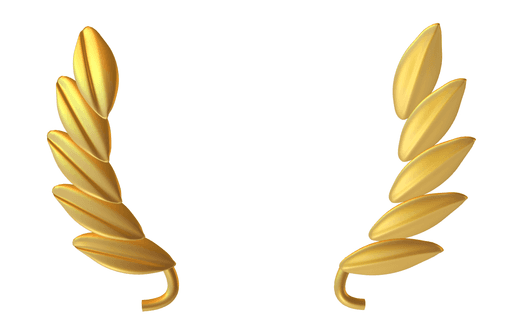 Golden laurel wreath with two curved branches, each adorned with leaves, on a white background. Symbolizes victory and achievement.