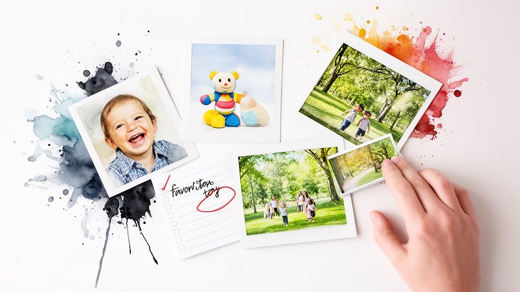 A collage of instant photos showing happy children, toys, and park scenes, surrounded by watercolor splatters.