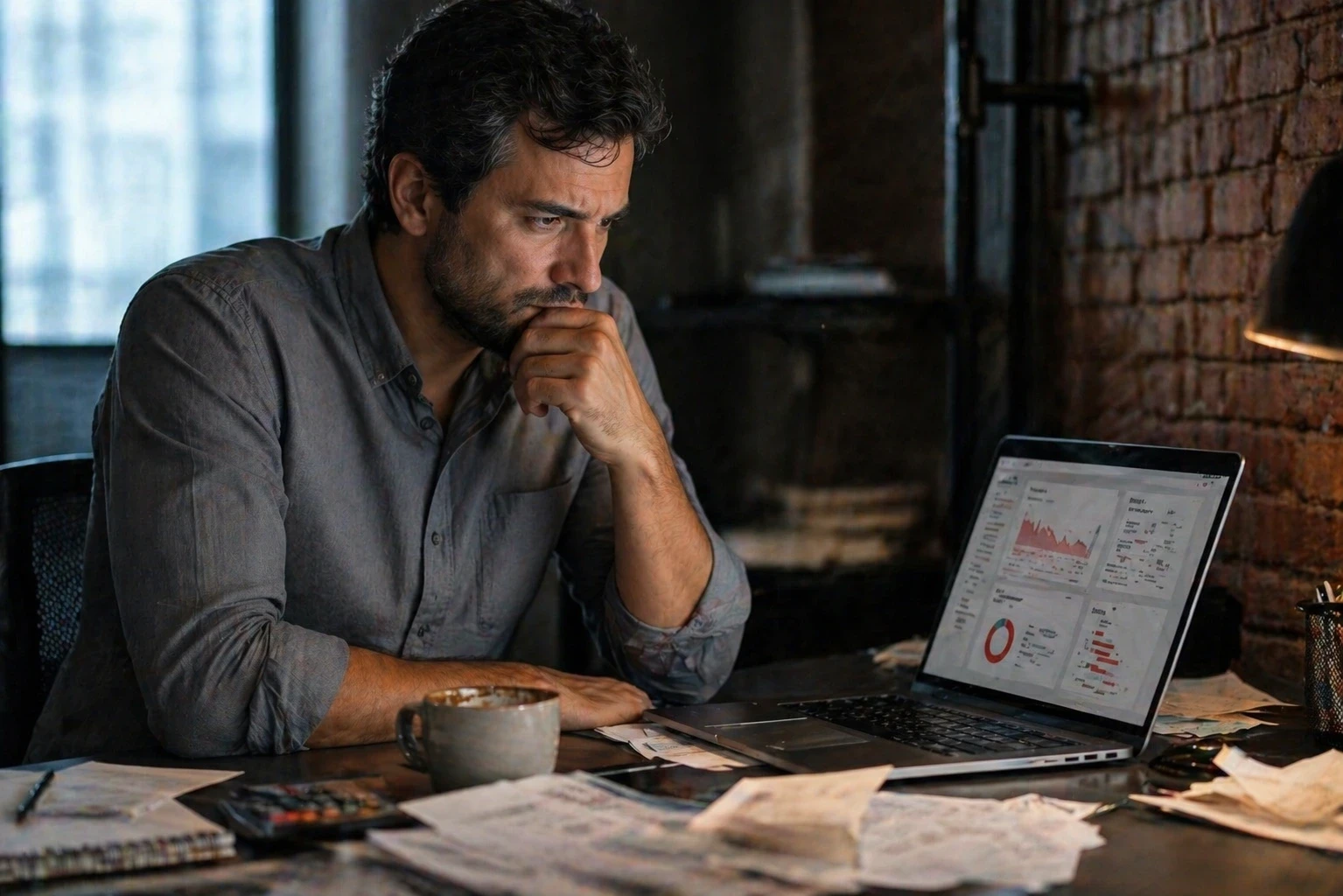 Empresário preocupado analisa resultados de campanha de tráfego pago abaixo do esperado em escritório de Uberlândia