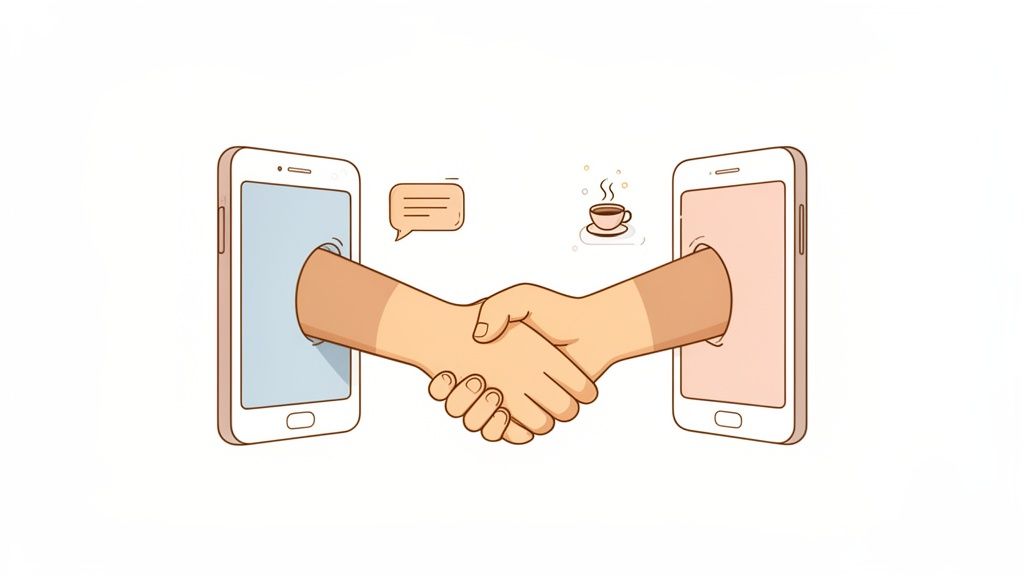 Two hands emerge from smartphones, shaking, symbolizing online connection, digital partnership, or virtual deal.