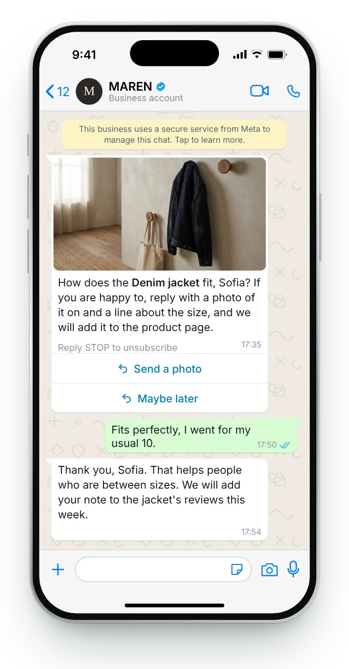 Asking for a photo, in the chat: WhatsApp review request on an iPhone