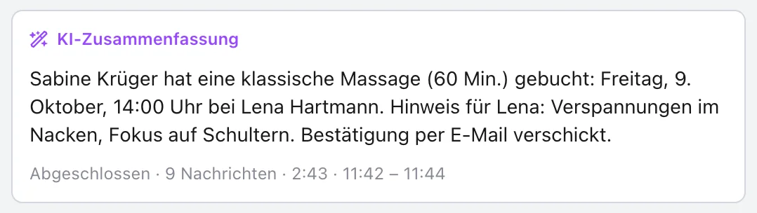 KI-Zusammenfassung eines Anrufs beim anny Assistant: klassische Massage bei Lena Hartmann gebucht, Bestätigung per E-Mail verschickt