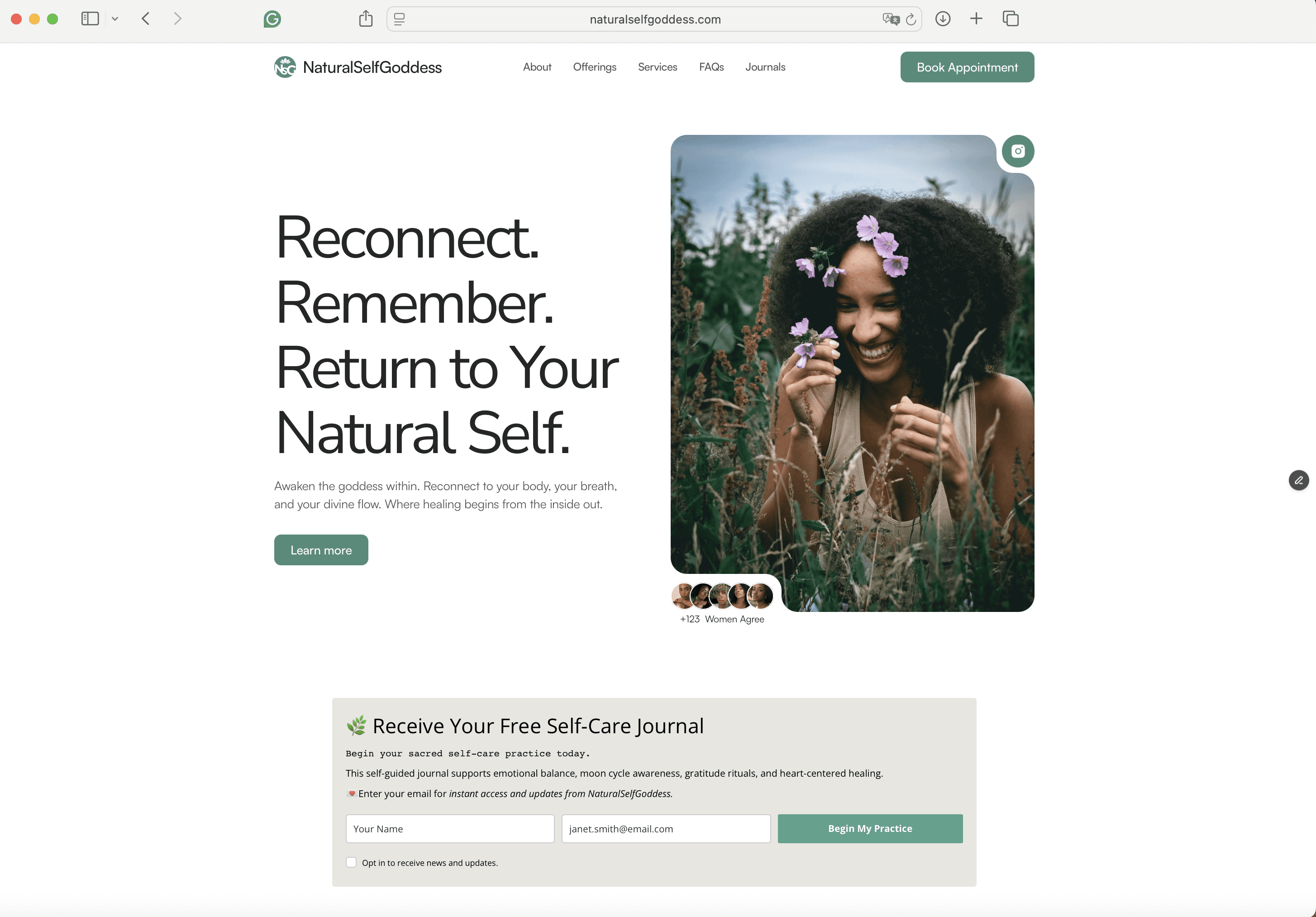 naturalselfgoddess landing page