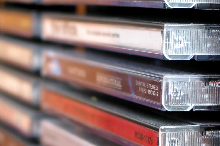 Stack of CD cases in close-up view