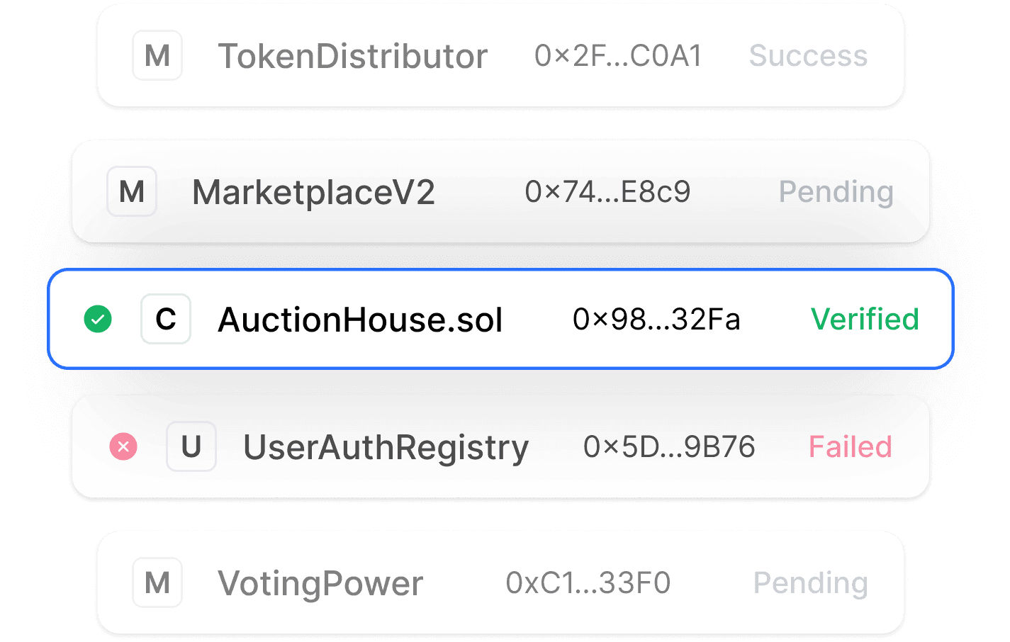 Screenshot of a list of contracts showing their status.  Statuses include Success, Pending, Verified, and Failed.