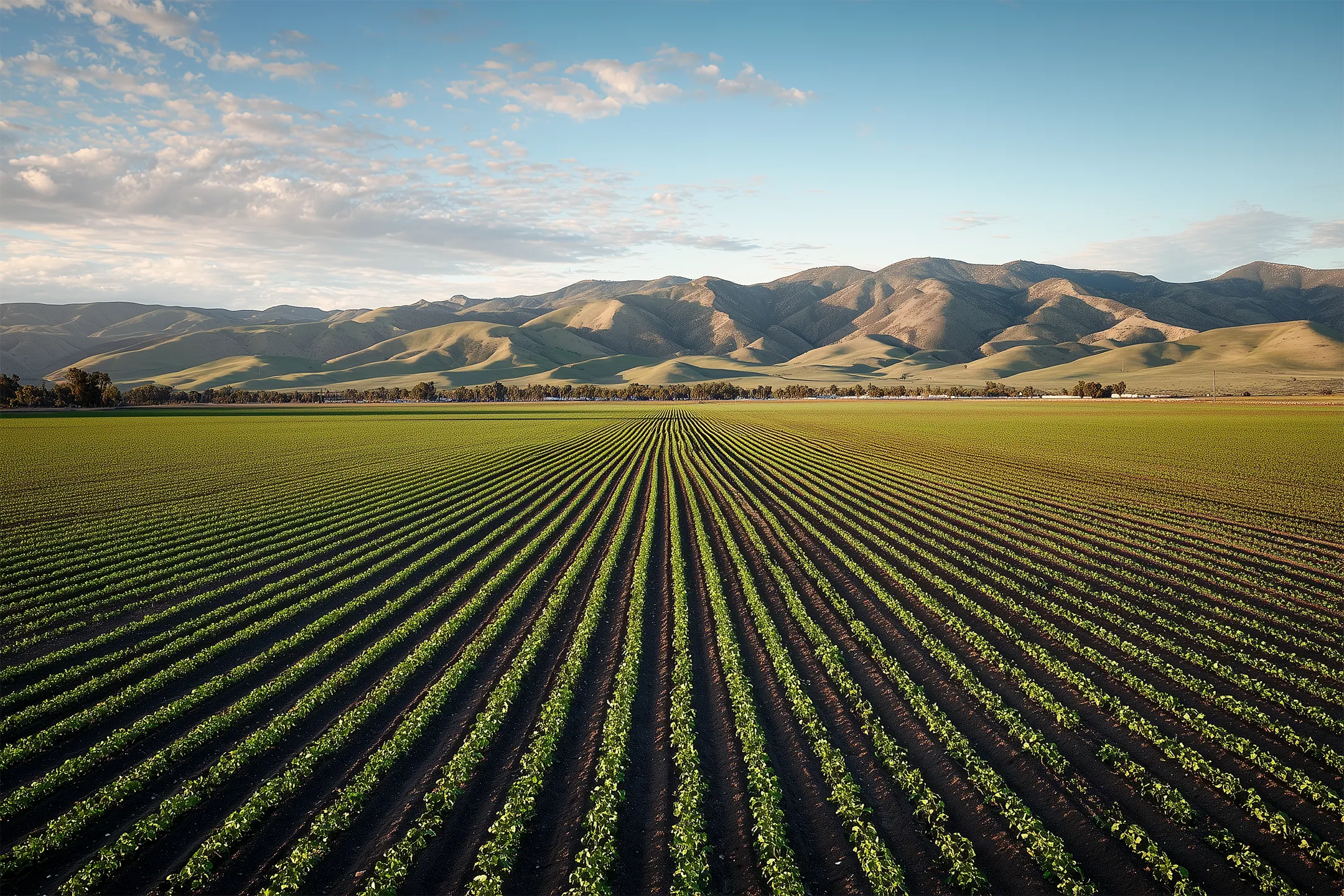 Wide agricultural field with evenly spaced crop rows.