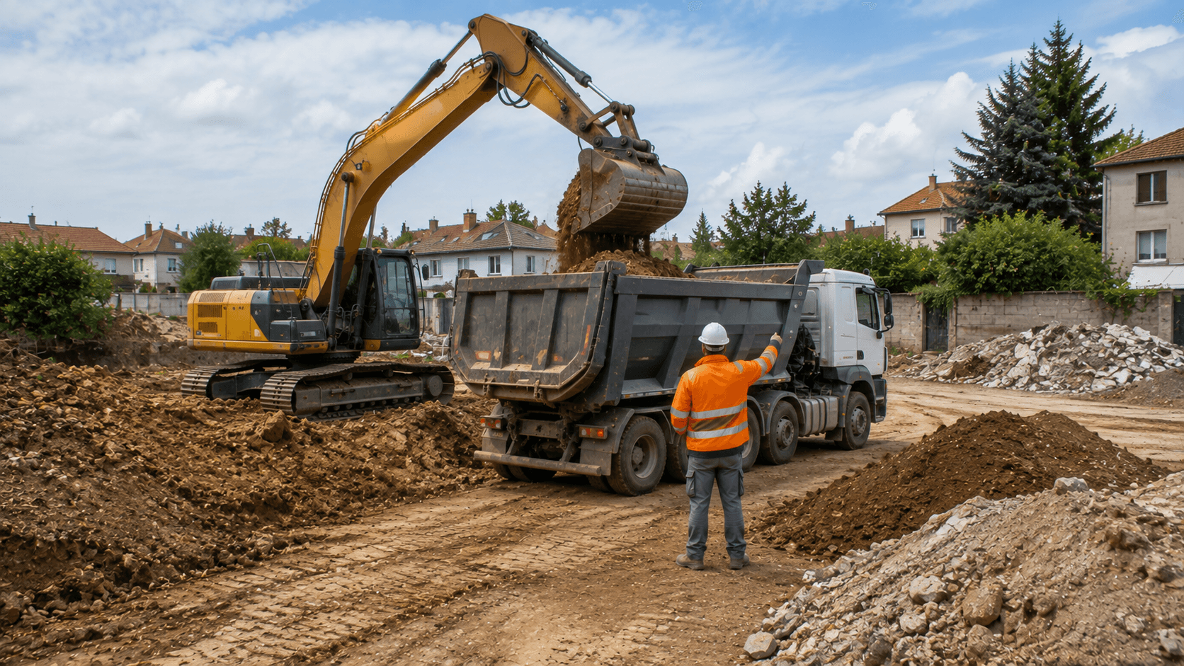 Chargement et évacuation des terres sur un chantier de terrassement