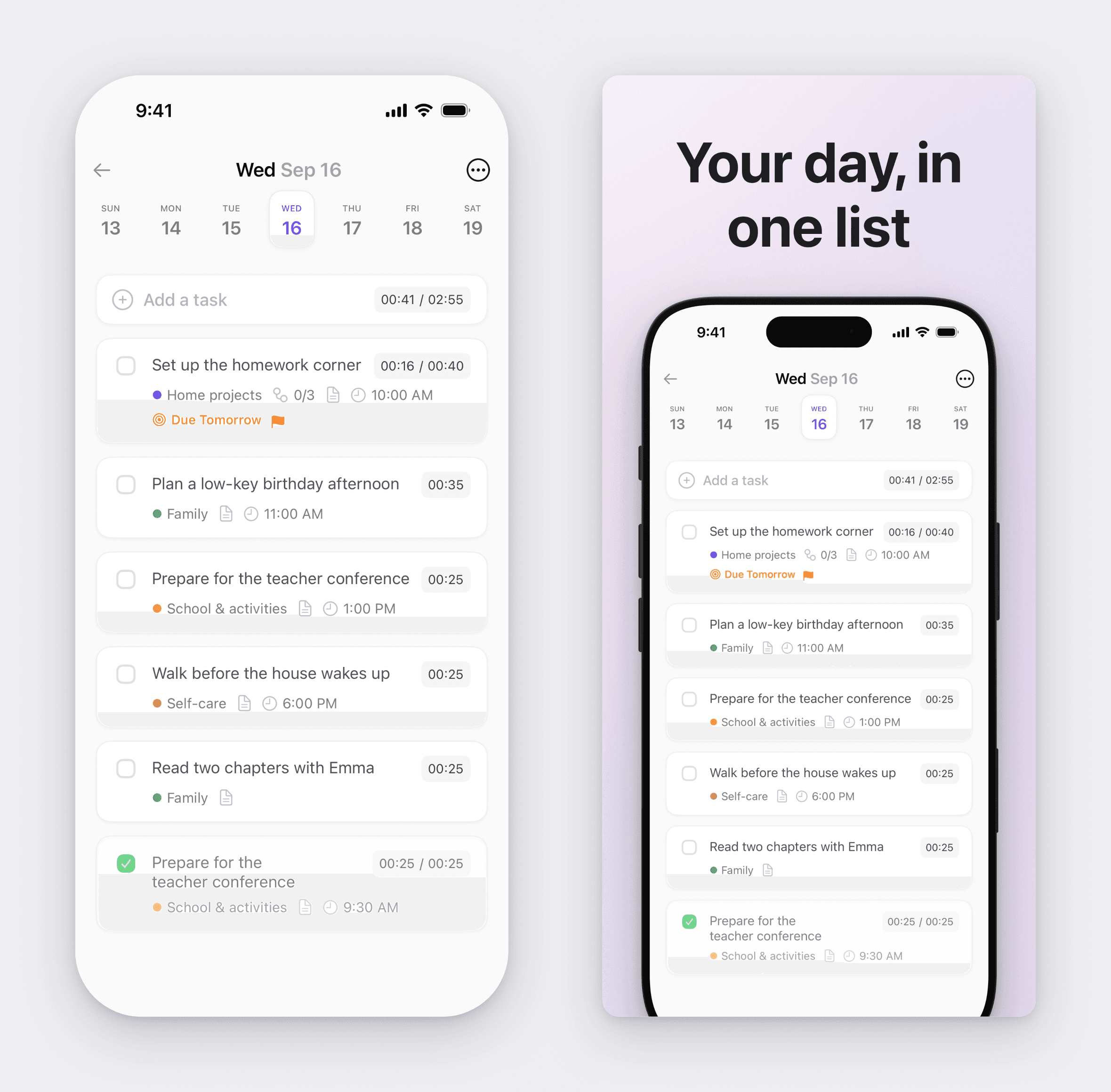 Two versions of the same Ellie screen: on the left a plain Simulator screenshot of a day’s task list with a 9:41 status bar, and on the right the same screenshot in an iPhone frame on a soft lilac background with the headline Your day, in one list above it, as an App Store slide
