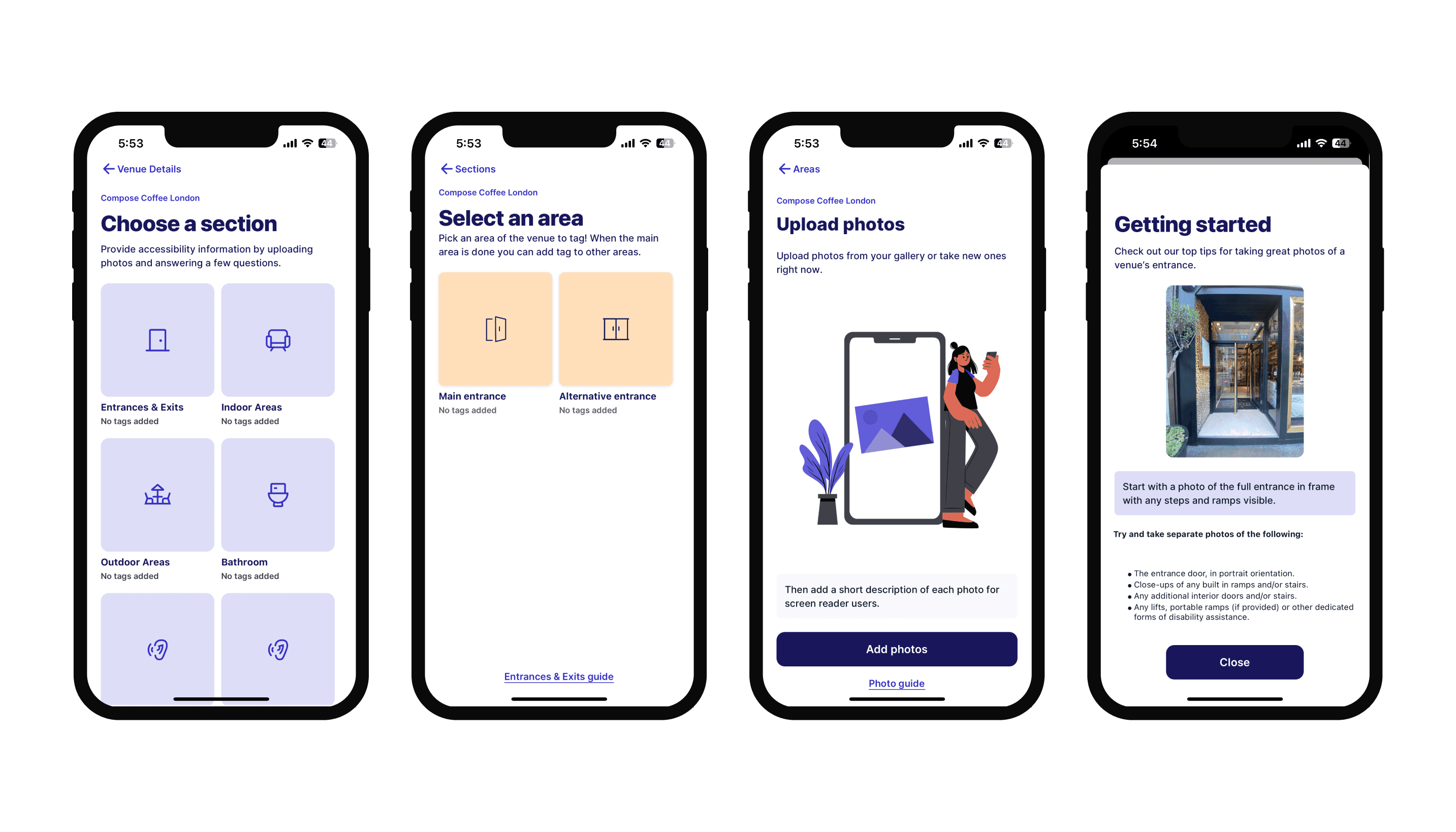 Screenshots of the sociability app showing the tagging flow