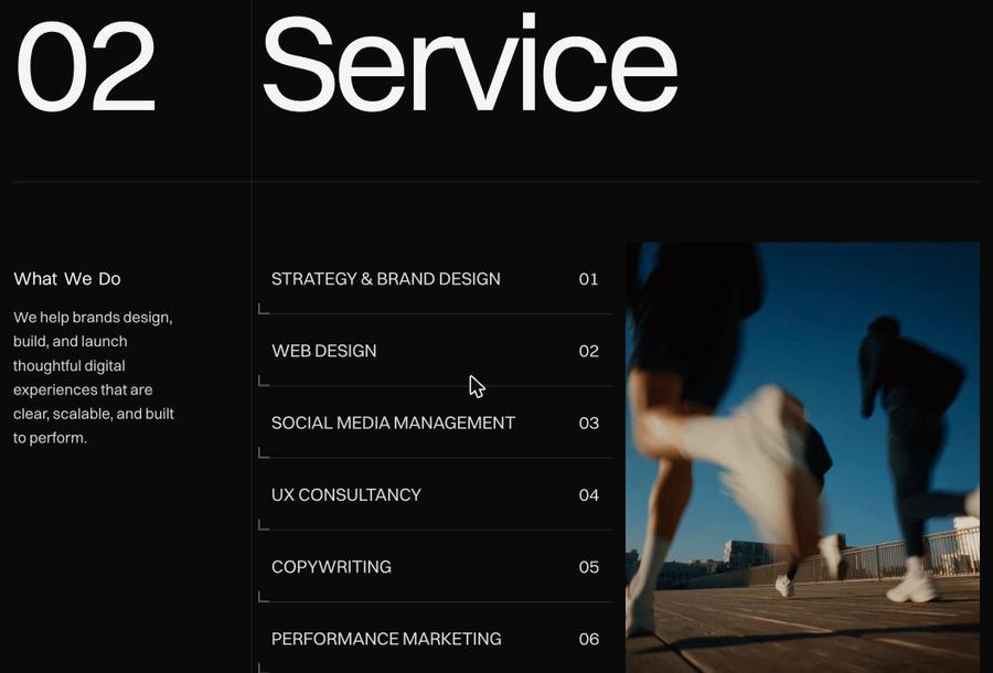 Version two Service section numbered 02, listing six distinct numbered services with UX Consultancy at position 04.