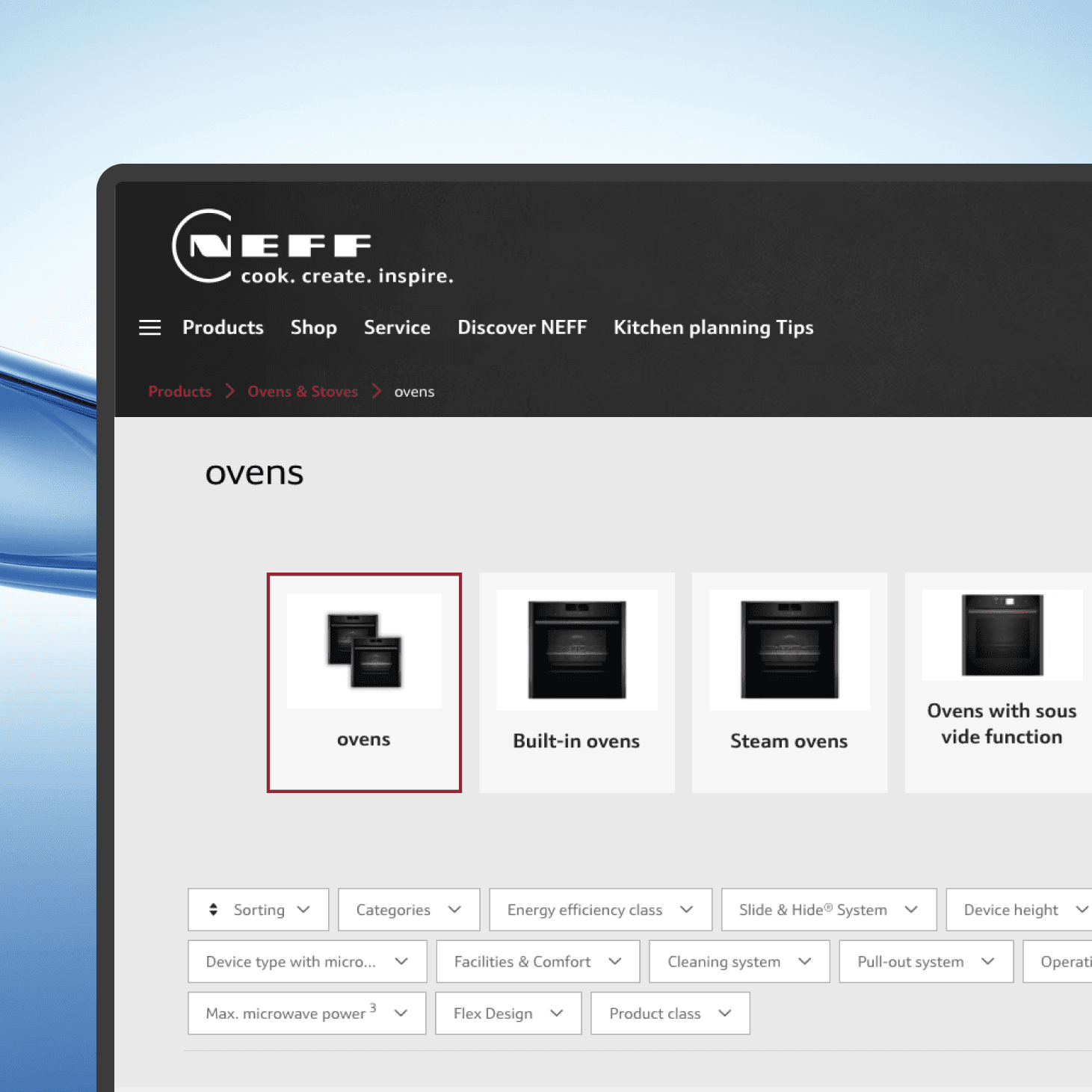 The image shows a website menu displaying various kitchen planning categories such as built-in ovens and steam ovens, with filtering options like energy efficiency class and cleaning systems on a sleek, modern interface.