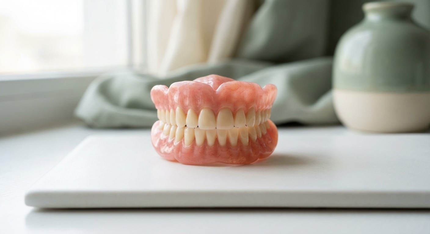Modern high-quality complete dentures with realistic coloring on a clean surface