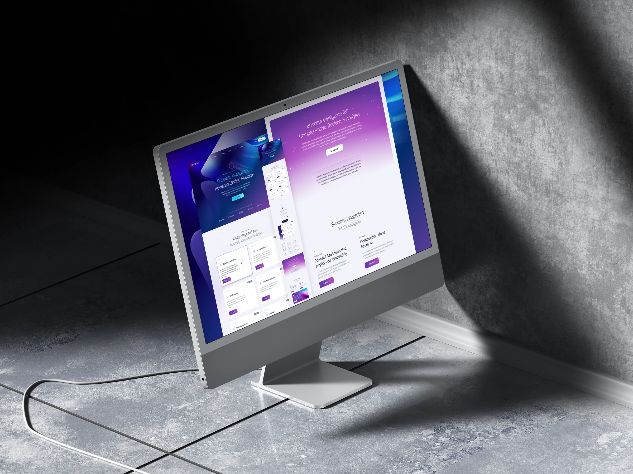 Computer monitor showing a modern blue-purple SunCodes homepage with “Business Intelligence Powered Unified Platform” and a Get Started button.