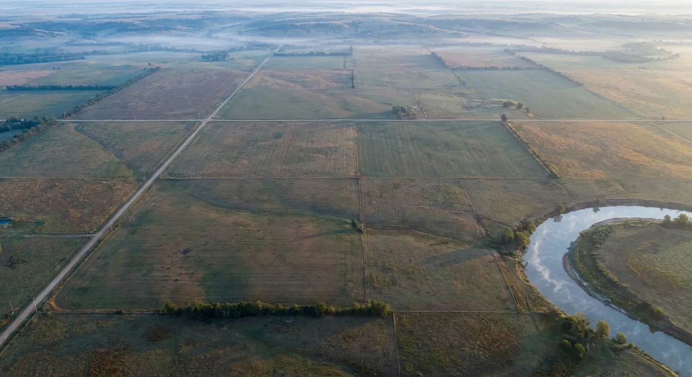Aerial view of vast fields and a river curve at dawn. RockN' Socials Digital Marketing Agency.
