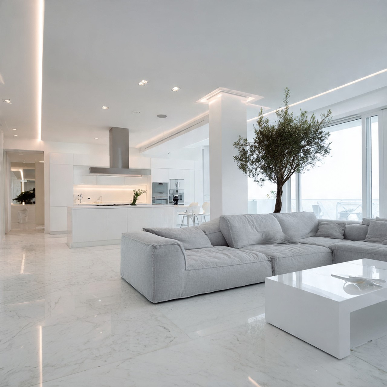 Sophisticated living room with dark wood paneling and a coffered ceiling. Features a white sofa, leather chair, and a large window with city views.