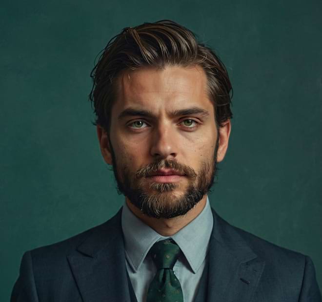 A man with a beard and confident expression wears a blue suit, green tie, and pocket square against a teal background, conveying a formal, professional tone.