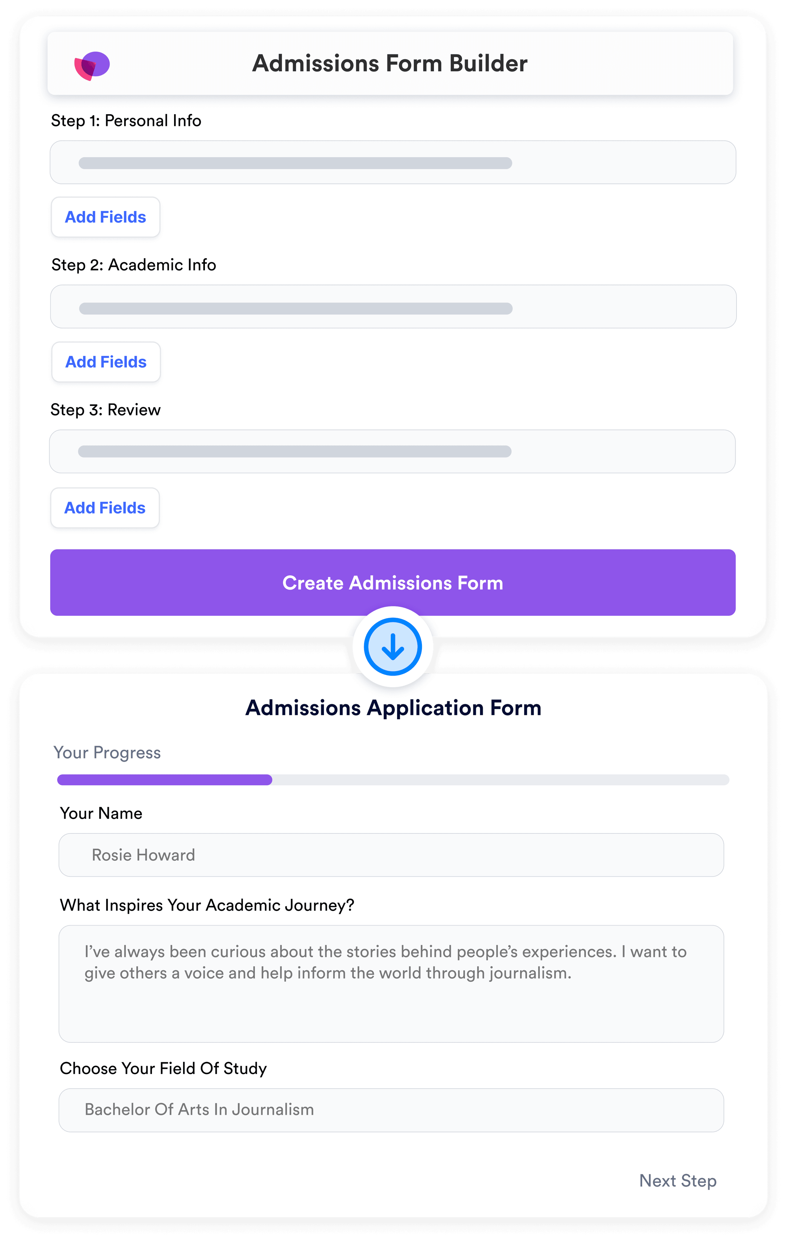 Split-screen graphic showing Axio’s Admissions Form Builder on the left and a completed Admissions Application Form on the right, highlighting personalized student responses and form automation.