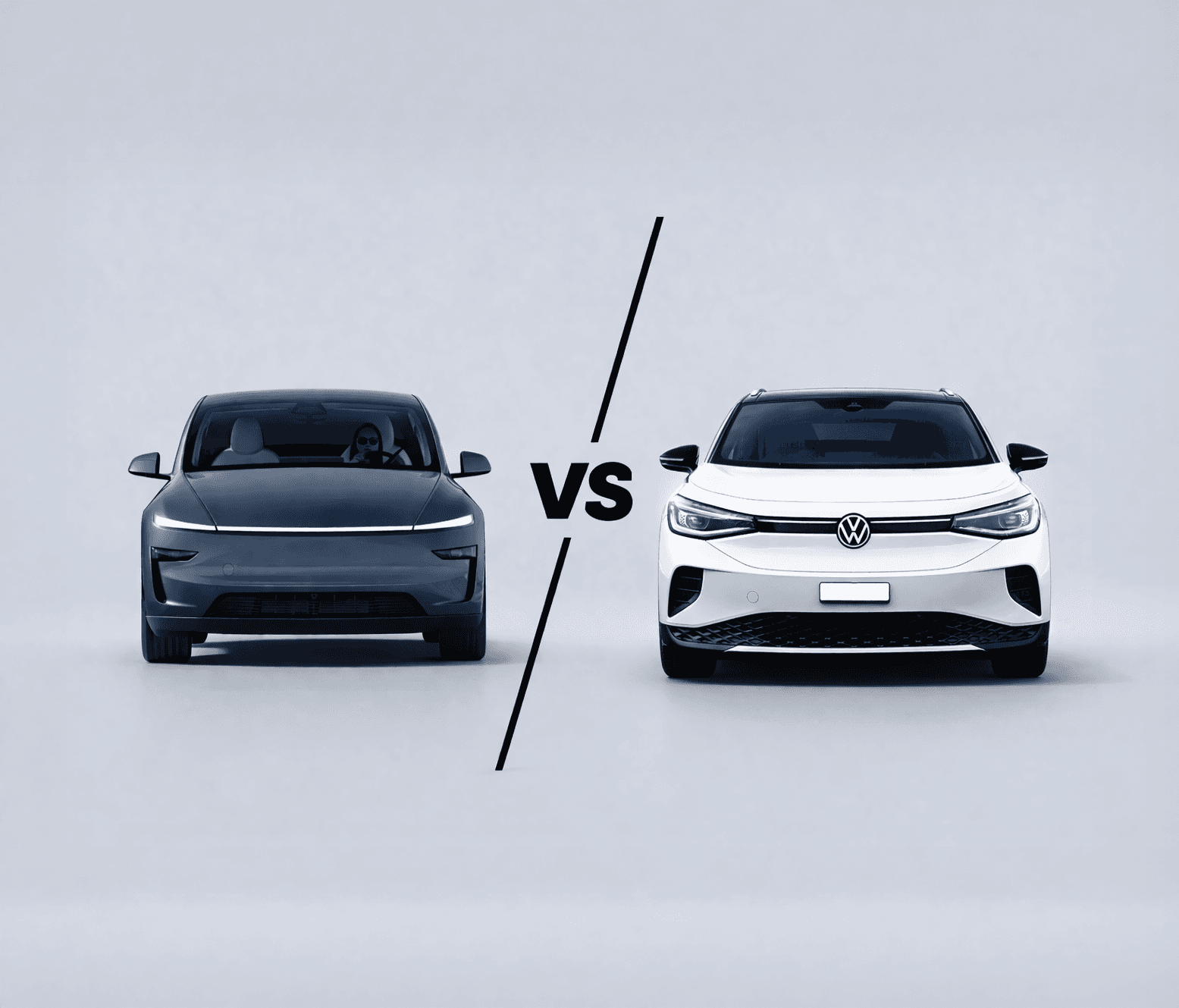 Tesla Model Y face au Volkswagen ID.4, comparaison visuelle de deux SUV électriques sur fond blanc