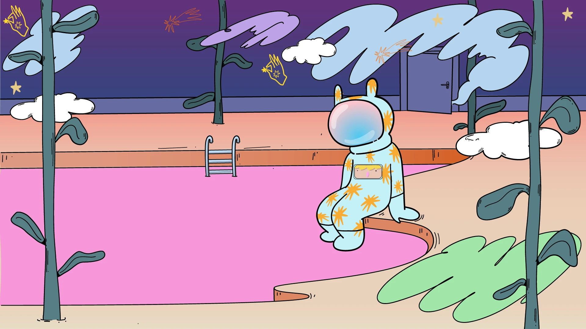 an illustration of an astronaut sitting by a pink lake