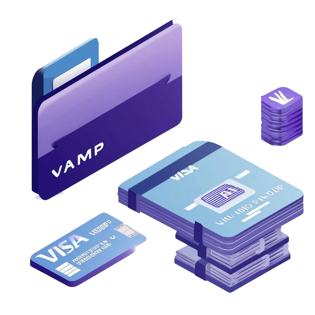 Isometrische Illustration eines VAMP-Ordners neben gestapelten Visa-Karten, Sinnbild für Visas Acquirer Monitoring Program.