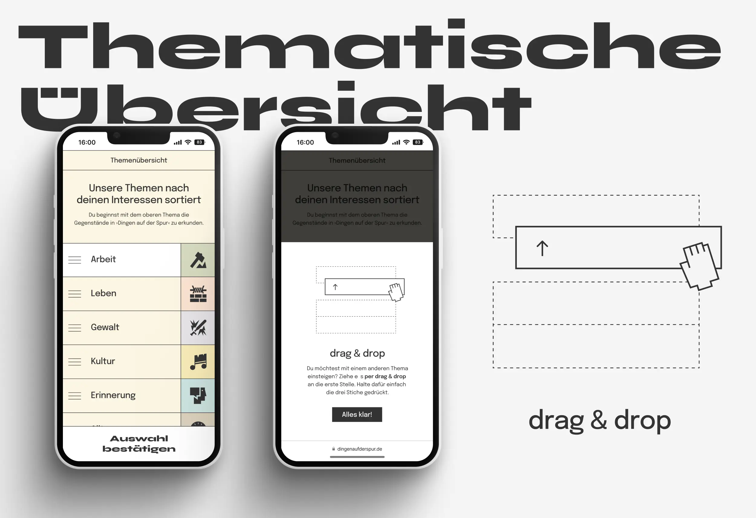 Thematische Übersicht mit Drag-and-drop-Sortierung der Themen Arbeit, Leben, Gewalt, Kultur und Erinnerung.