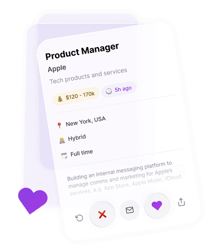 Ace app job card showing a Product Manager role at Apple with salary, location, and swipe buttons.