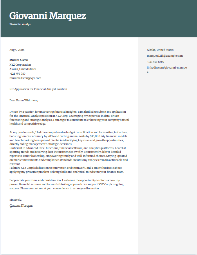 Cover letter example for financial analyst